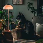 a black cat lounging in a dark and boho living room