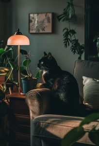 a black cat lounging in a dark and boho living room