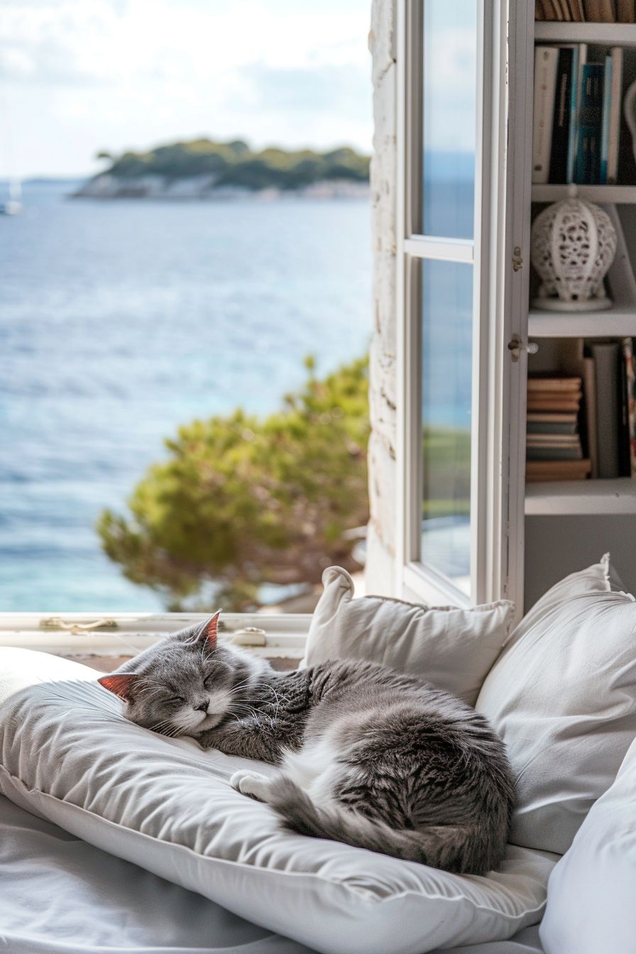 adorable gray cat curled up on a window bench seaside view