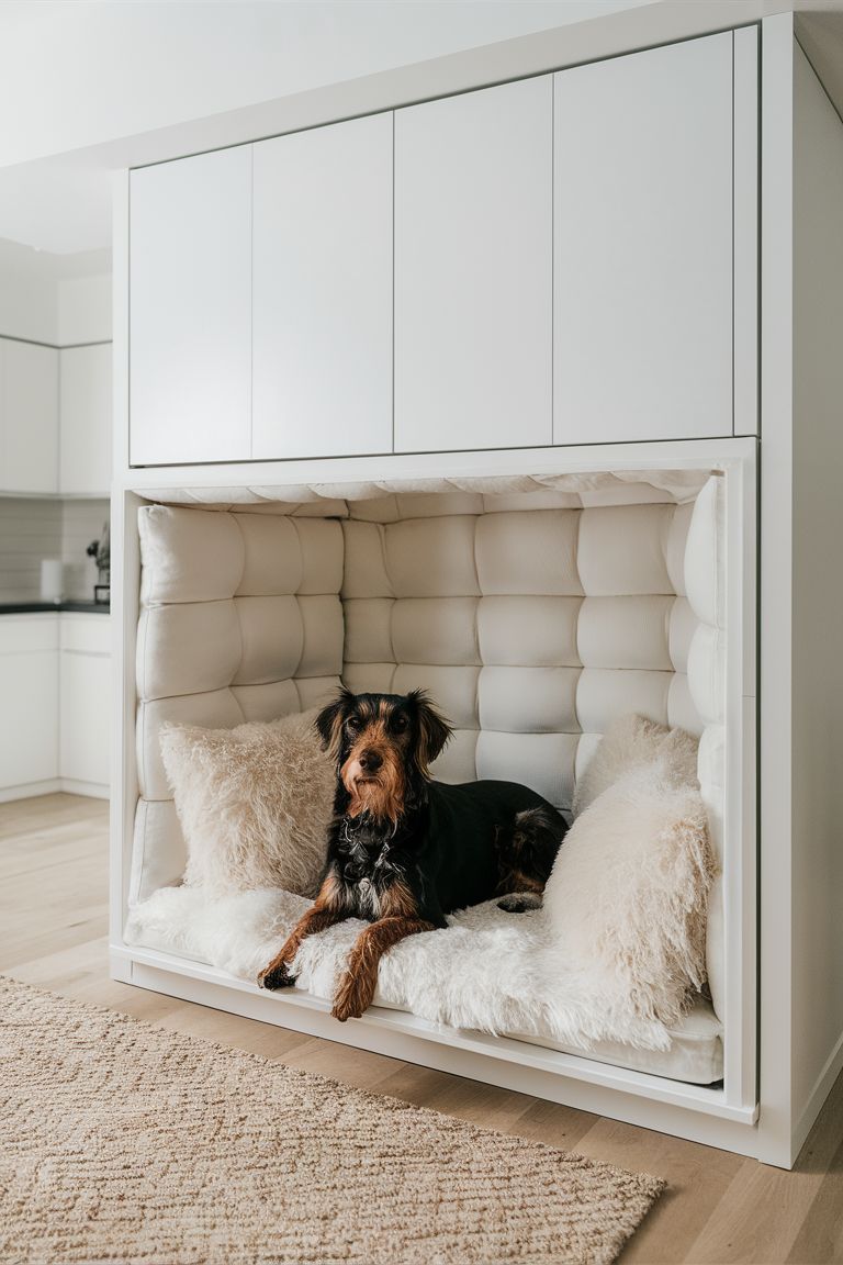 extra cozy DIY dog crate with a built-in large white plush cushions