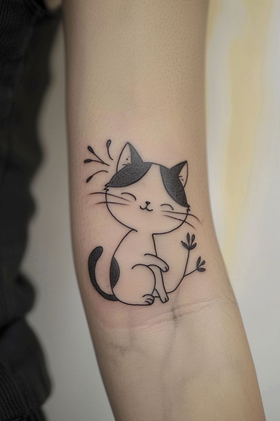 funny Cartoon Cat Tattoo on female arm