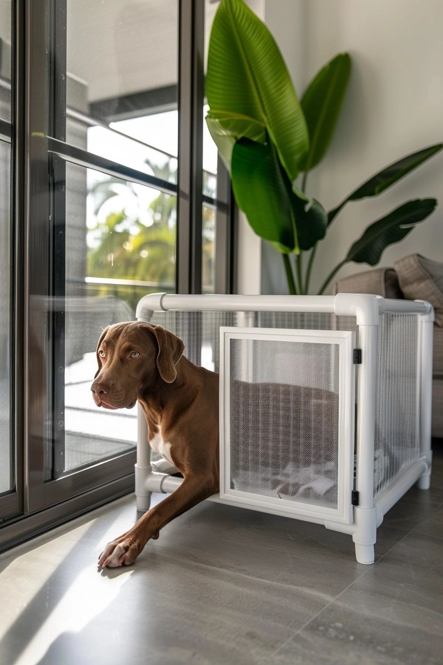 modern and sleek DIY dog crate built with PVC pipes and mesh fabric