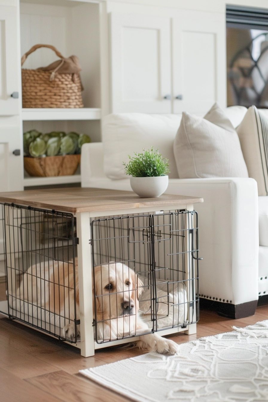 modern multi-functional dog crate that doubles as a side table