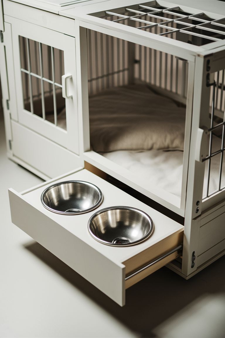 modern white DIY dog crate with a lower food water bowl drawer