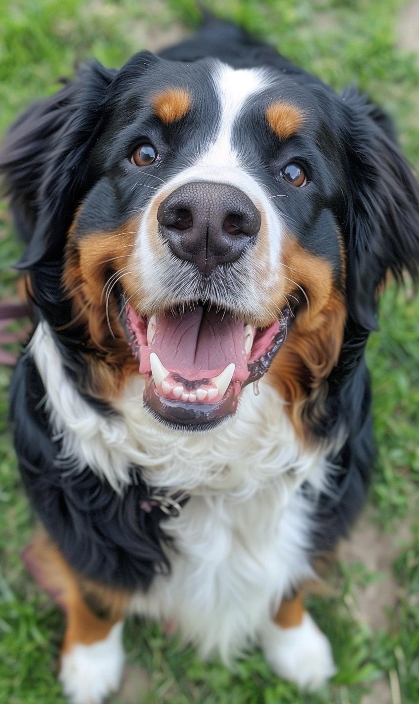 smiley Bernese Mountain Dog with a gentle, calm grin