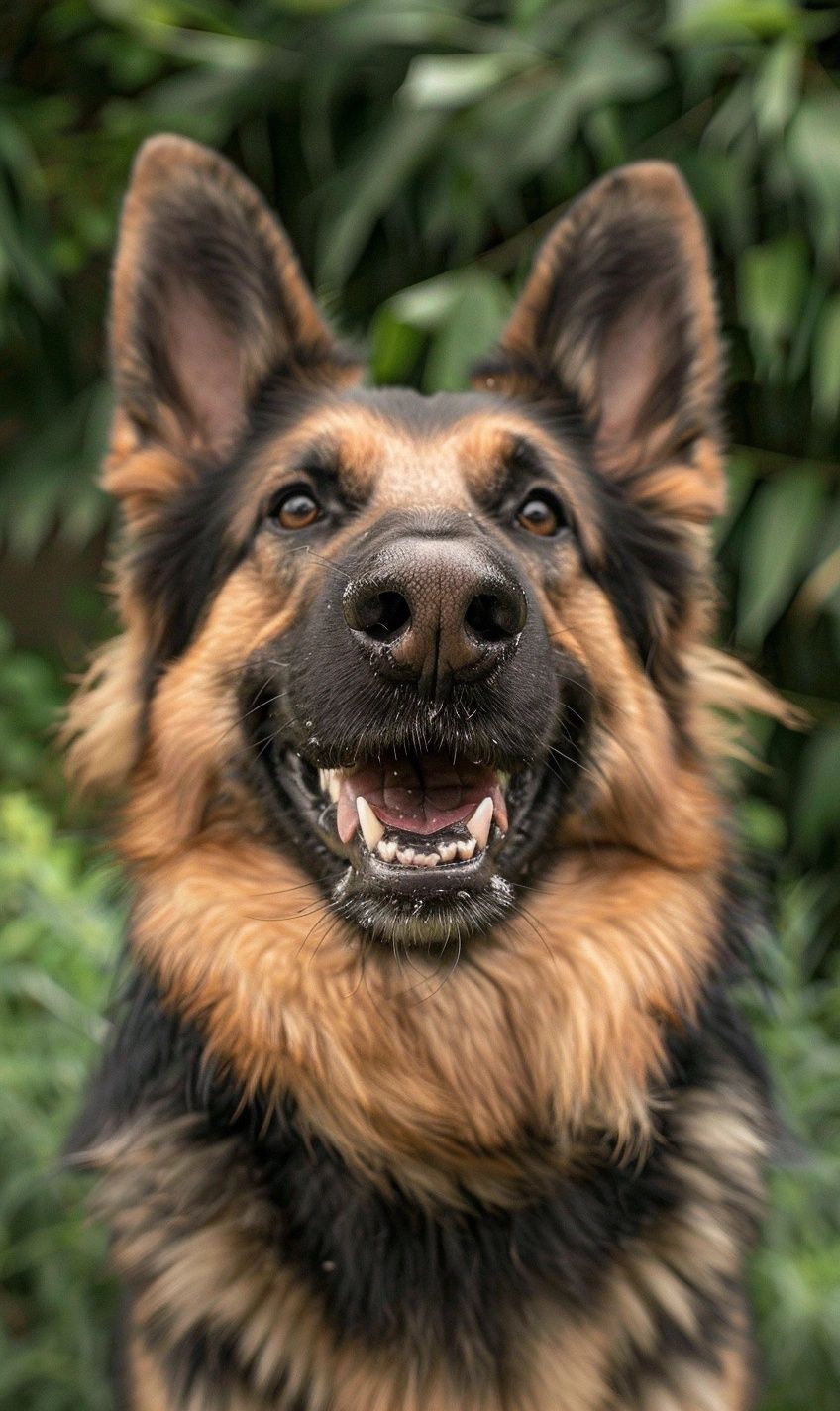 smiling German Shepherd with a proud, confident grin