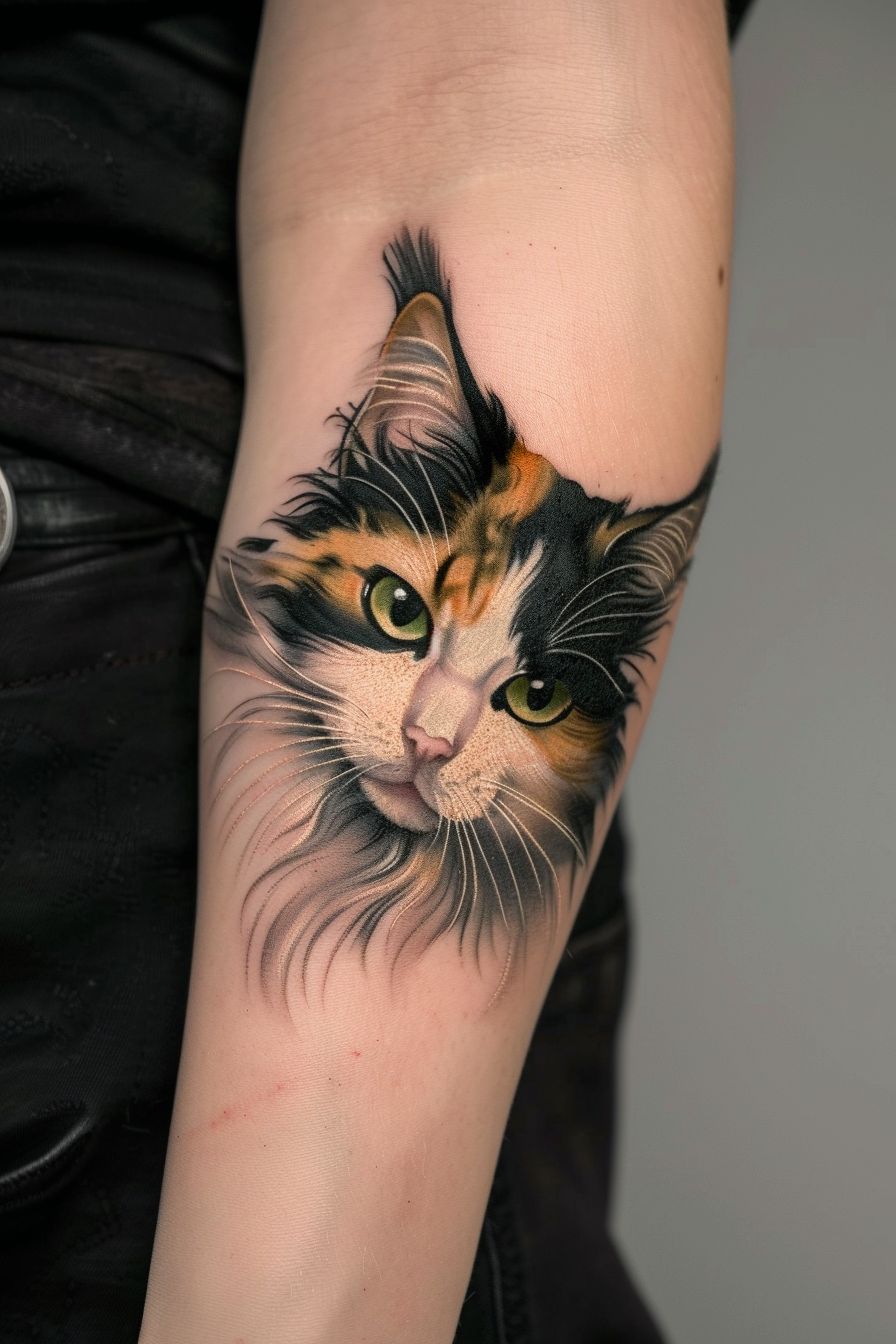 stunning Calico Cat Tattoo with big eyes on female arm