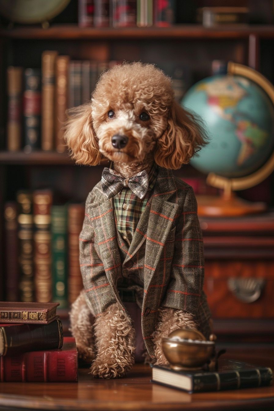 stylish Poodle wearing a plaid bow tie and a tweed blazer, sitting in a sophisticated library with leather-bound books and a vintage globe, high detail, preppy fashion, elegant setting