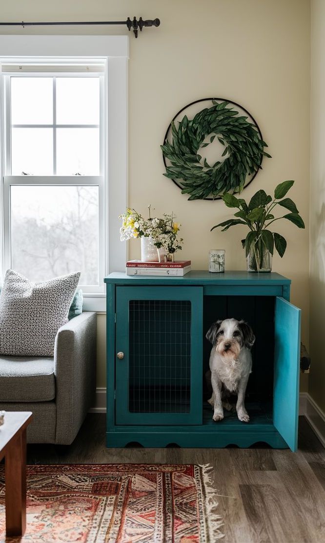 upcycled storage cabinet turned into a DIY dog crate