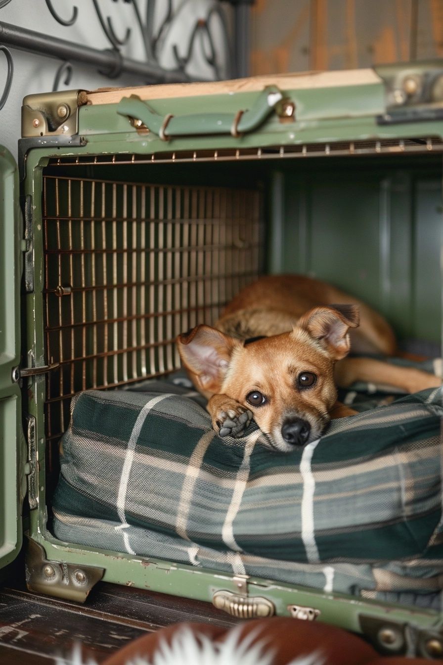 upcycled vintage suitcase transformed into a cozy and stylish dog crate.