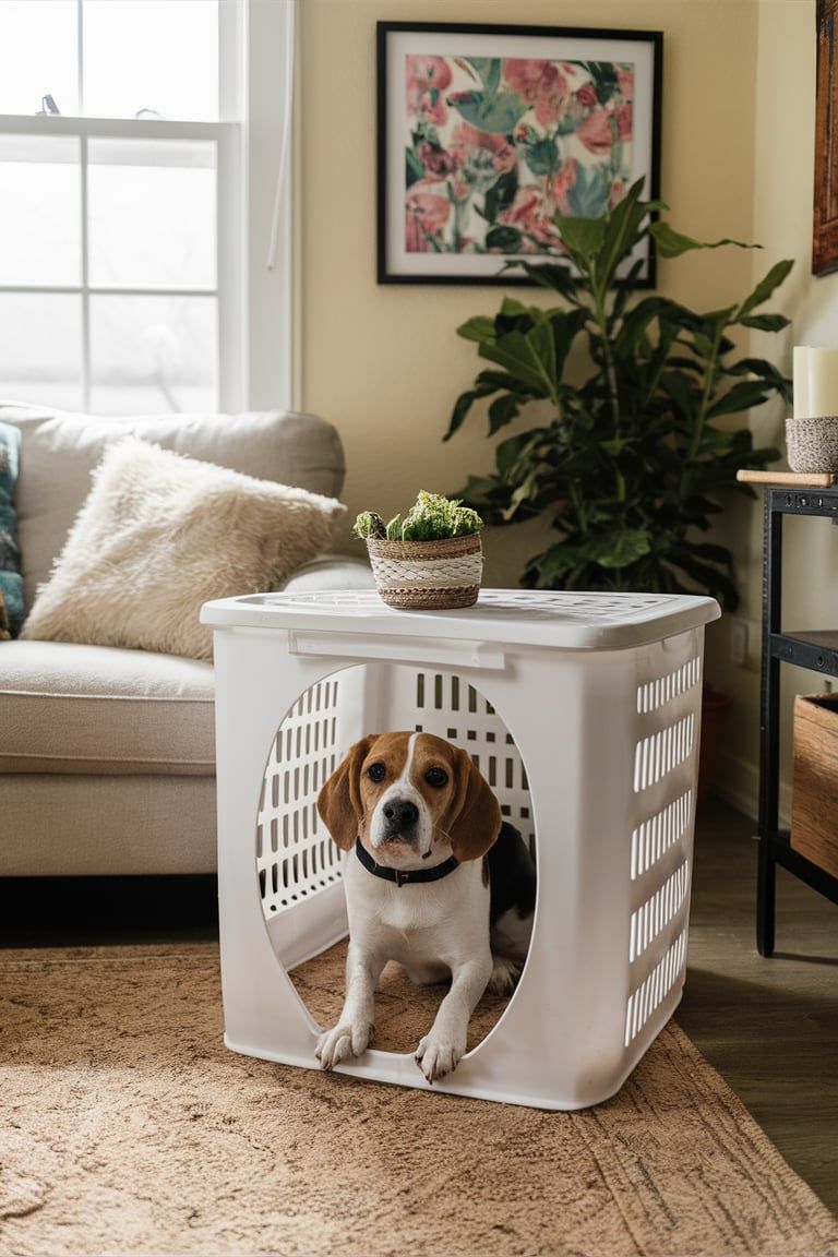 white Plastic Laundry Basket DIY Dog Crate