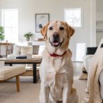 Adorable Dog Names golden labrador dog sitting happily in a modern farmhouse living room