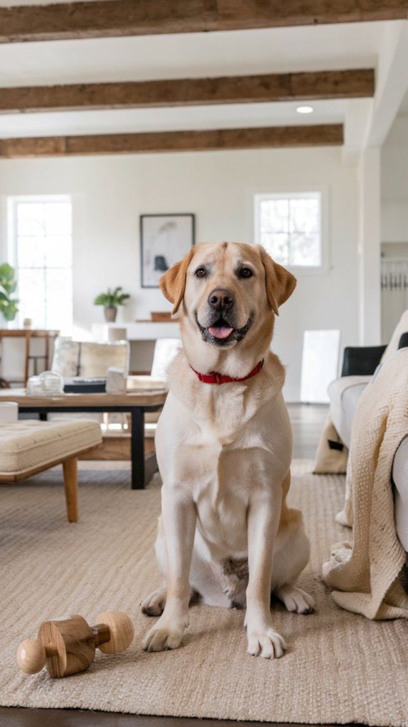 Adorable Dog Names golden labrador dog sitting happily in a modern farmhouse living room