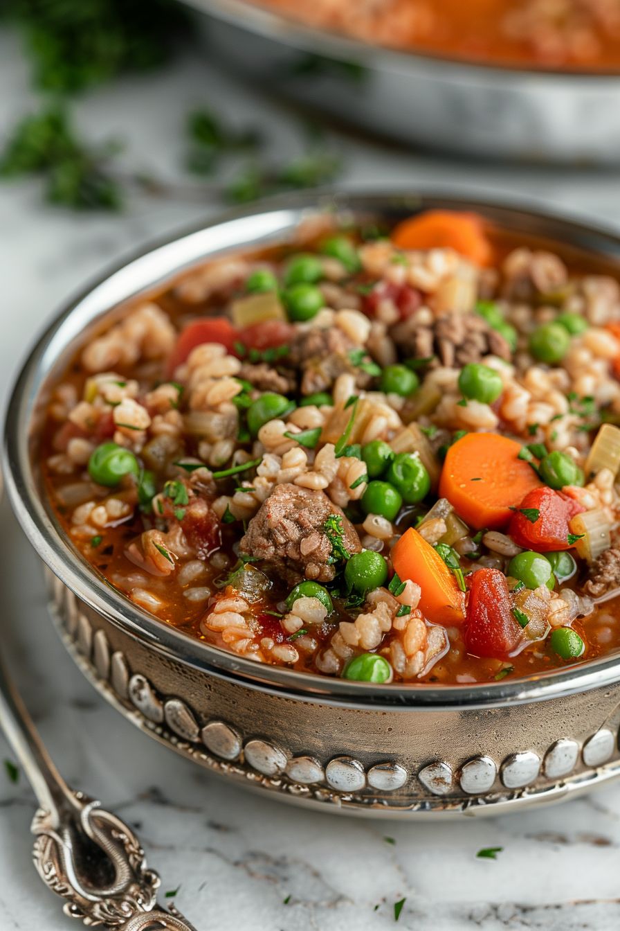 Homemade Dog Meals Beef and Barley Soup in silver dog bowl