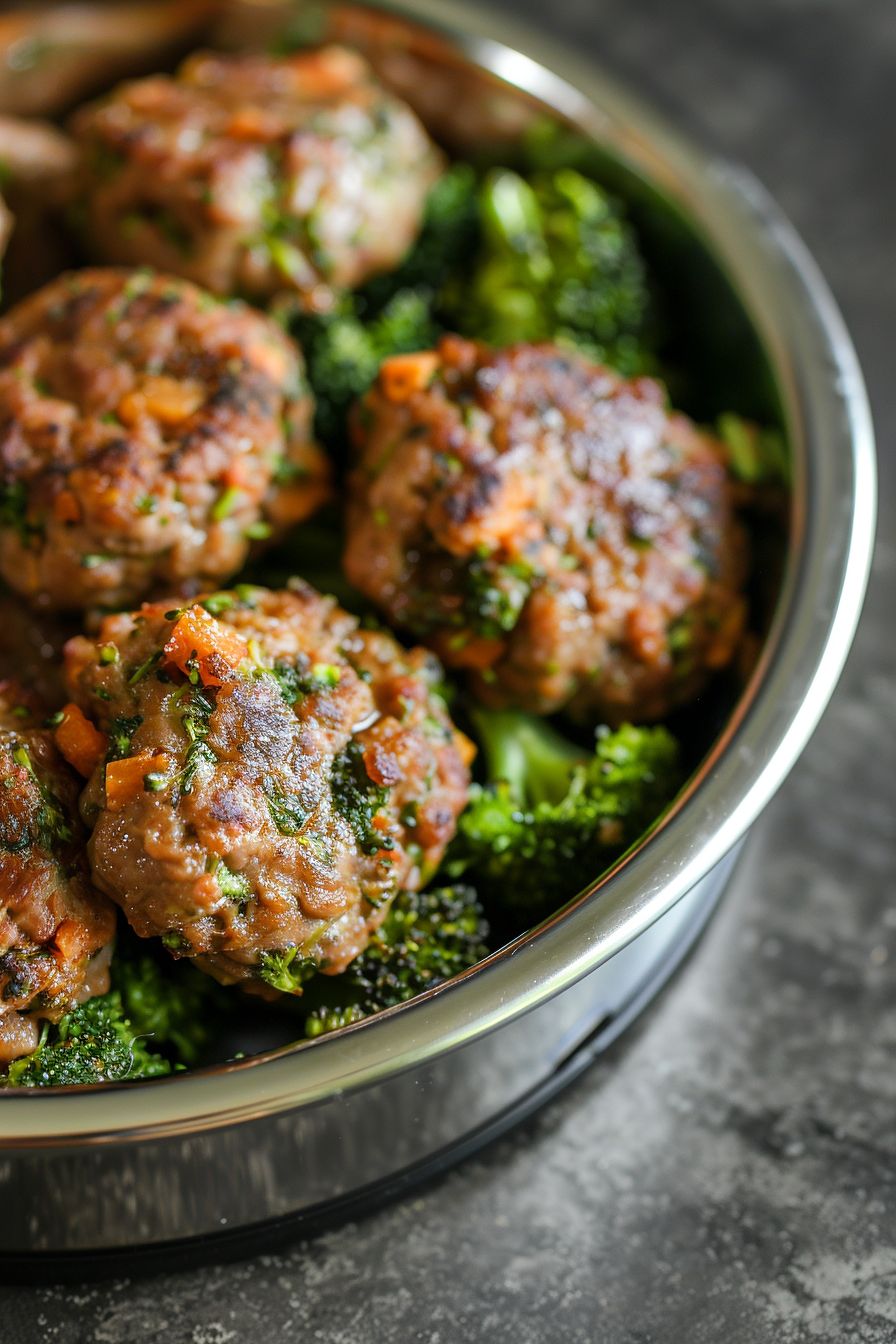 Homemade Dog Meals Beef and Sweet Potato Patties and steamed broccoli