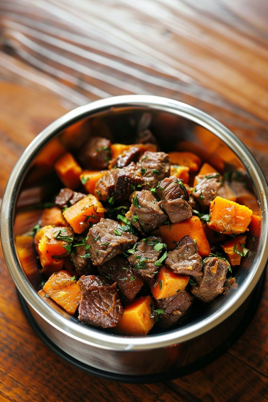 Homemade Dog Meals Beef and Sweet Potato in silver dog bowl