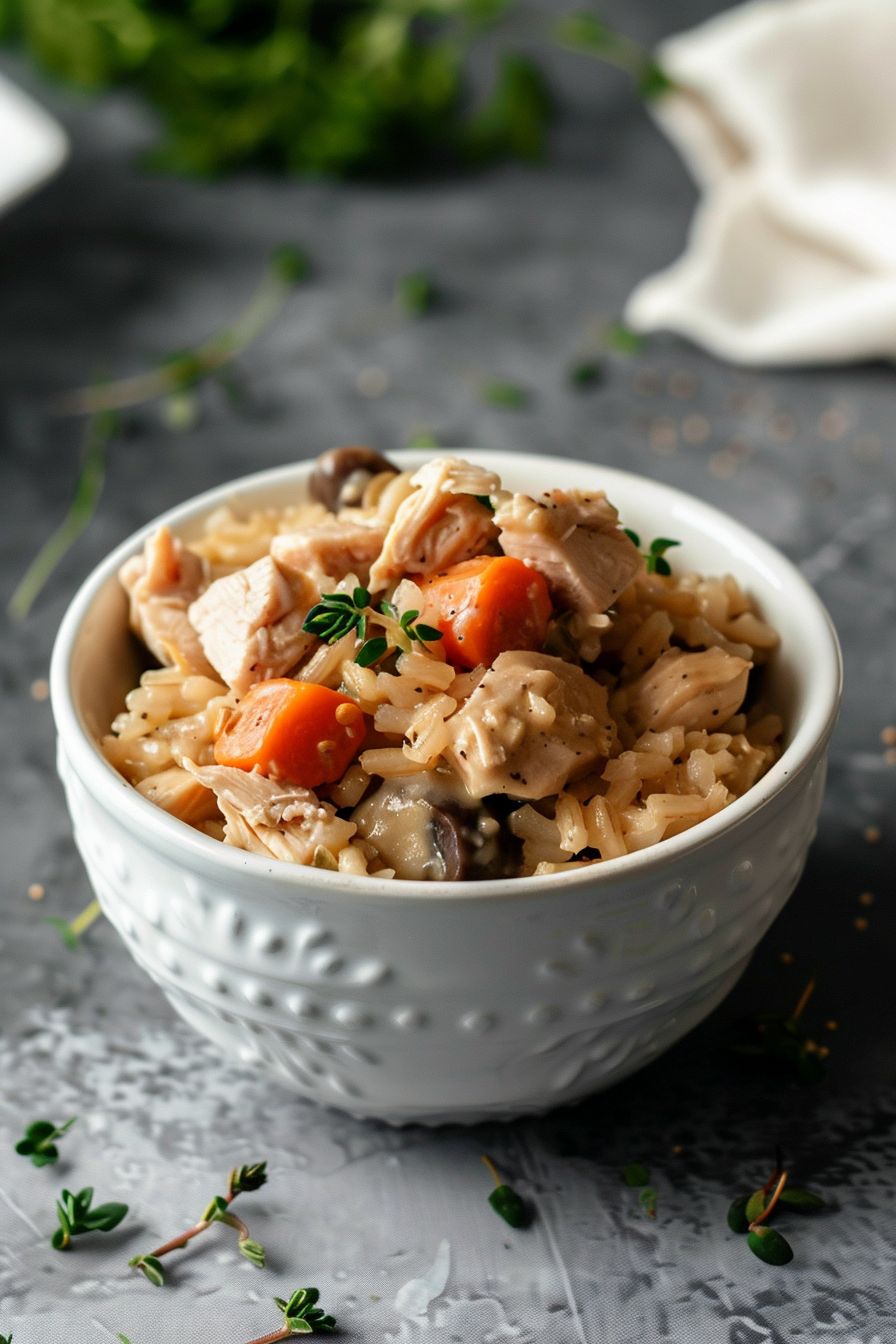 Homemade Dog Meals Chicken and Brown rice with carrots in bowl