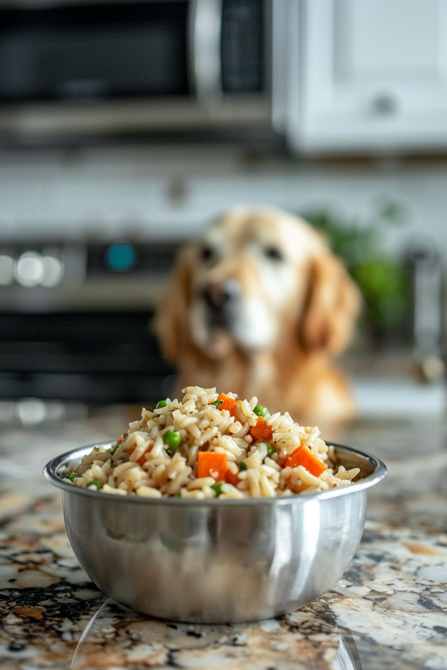 Homemade Dog Meals Chicken and Rice Casserole in silver dog bowl