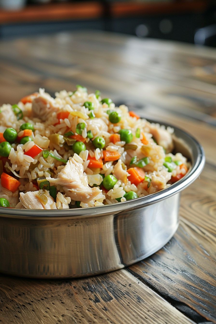 Homemade Dog Meals Chicken and Vegetable Fried Rice in silver dog bowl