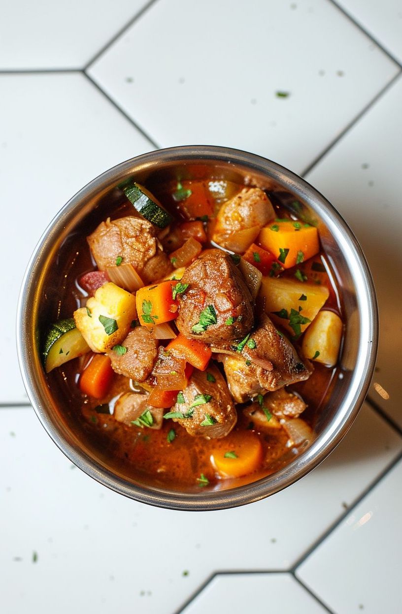 Homemade Dog Meals Chicken and Vegetable Stew in silver dog bowl