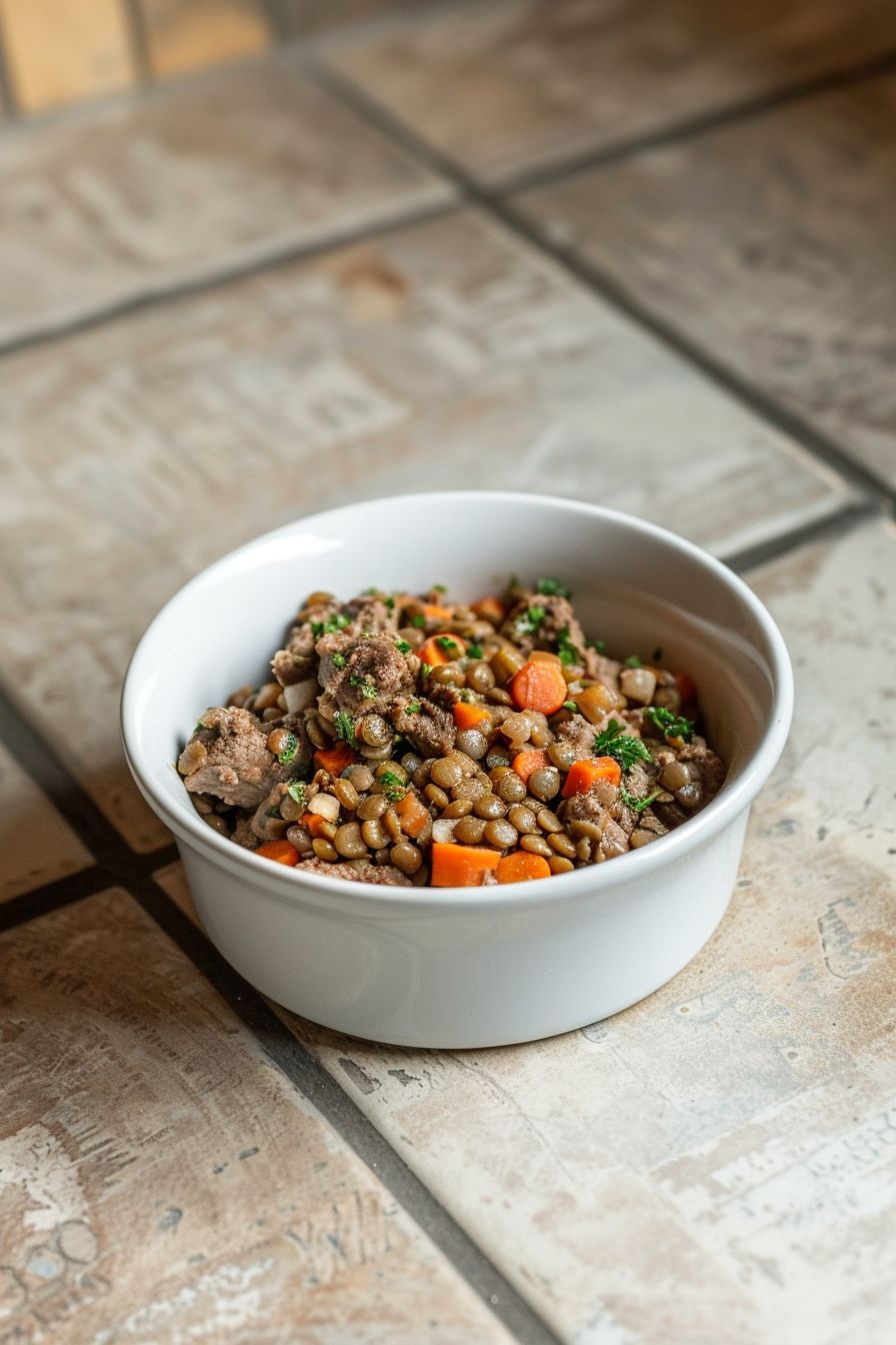 Homemade Dog Meals Lamb and Lentils in white dog bowl