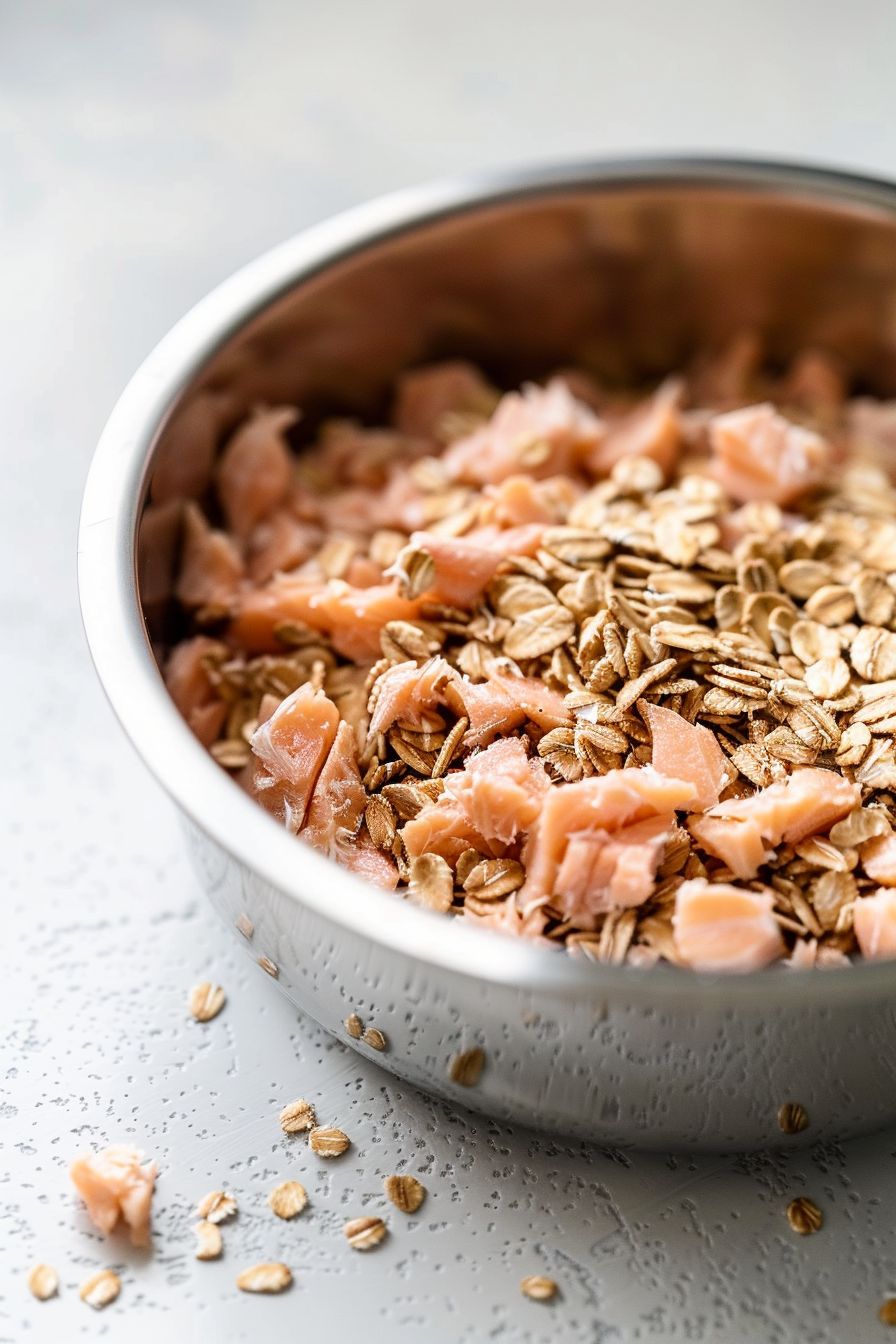 Homemade Dog Meals Salmon and Oatmeal in silver dog bowl