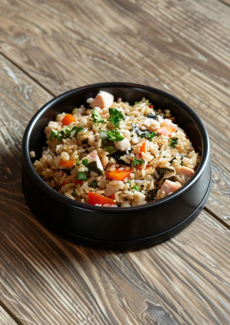 Homemade Dog Meals Tuna and Brown Rice in black dog bowl