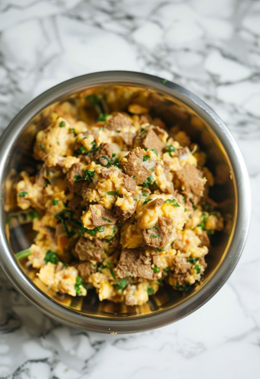 Homemade Dog Meals Tuna and Egg Scramble in silver dog bowl