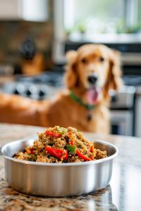 Homemade Dog Meals Turkey and Quinoa Stuffed Peppers in silver dog bowl