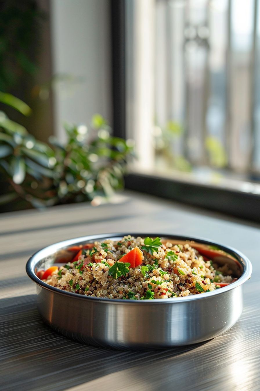 Homemade Dog Meals Turkey and Quinoa in silver dog bowl