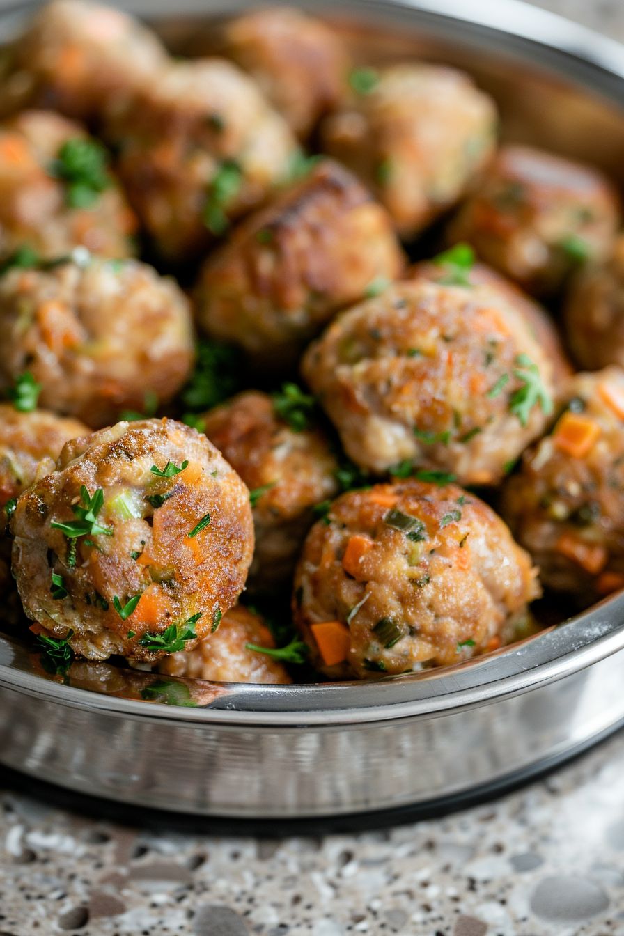 Homemade Dog Meals Turkey and Vegetable Meatballs in silver dog bowl