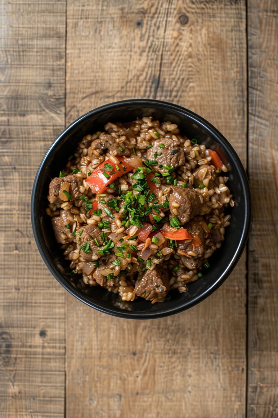 Homemade Dog Meals Venison and Barley in black dog bowl