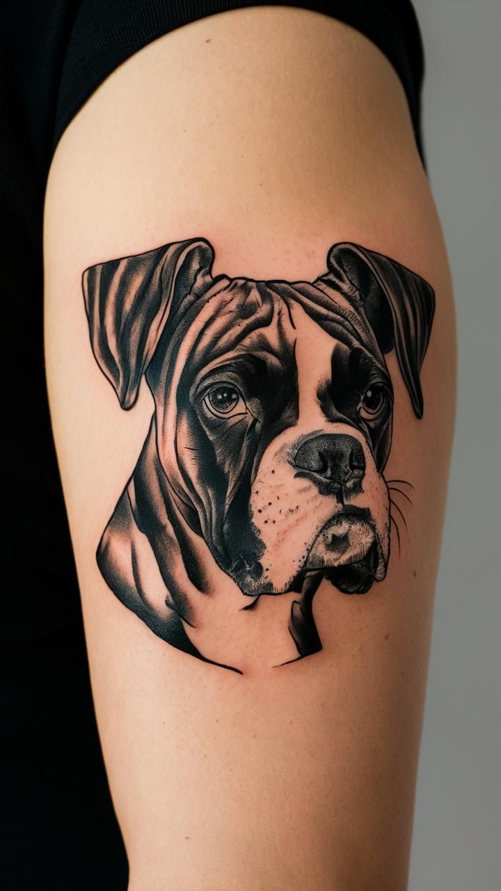 Boxer strong, muscular ear tattoo outline playful and energetic personality