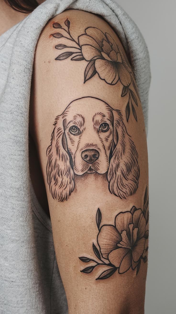 Cocker Spaniel soft, rounded ear tattoo outline gentle and loving nature