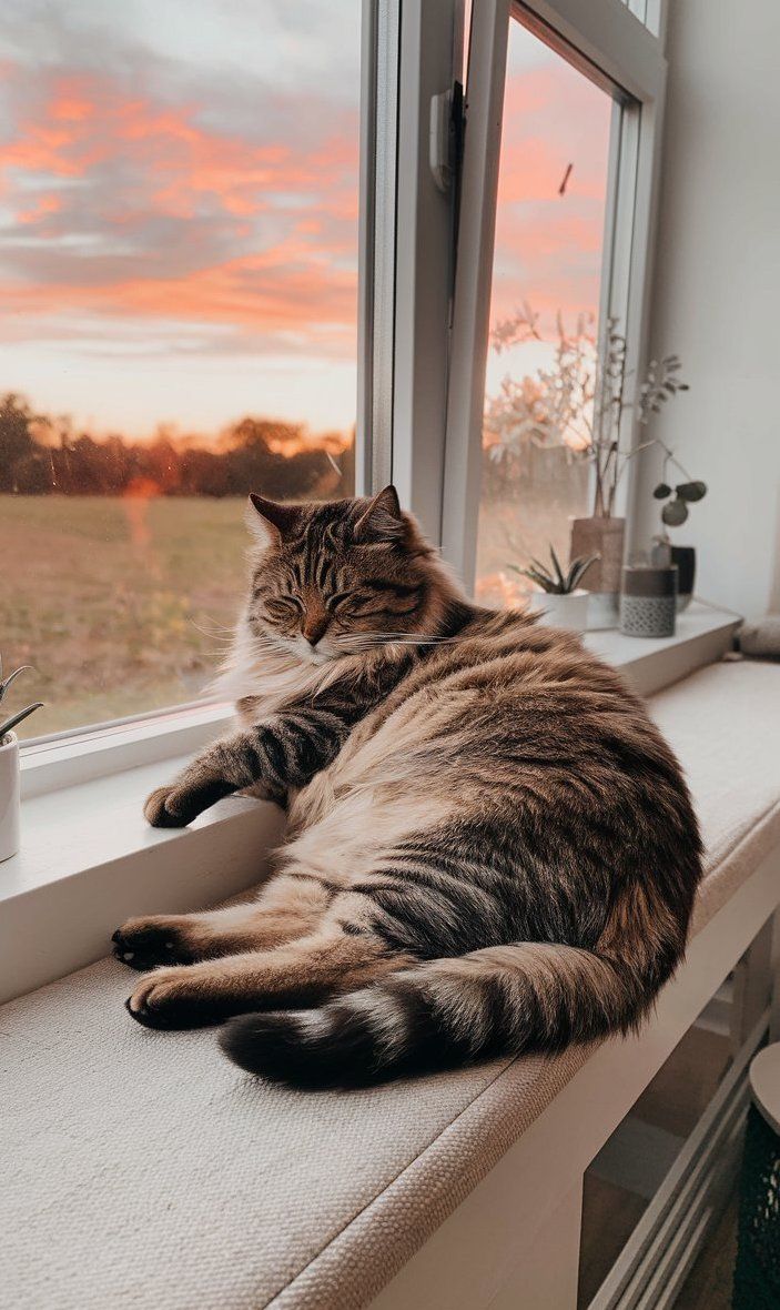 Fat tabby cat lounging on window seat at home sunset