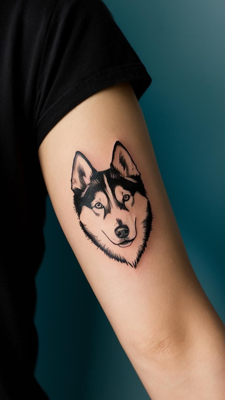 Siberian Husky sharp, upright ear tattoo outline adventurous spirit