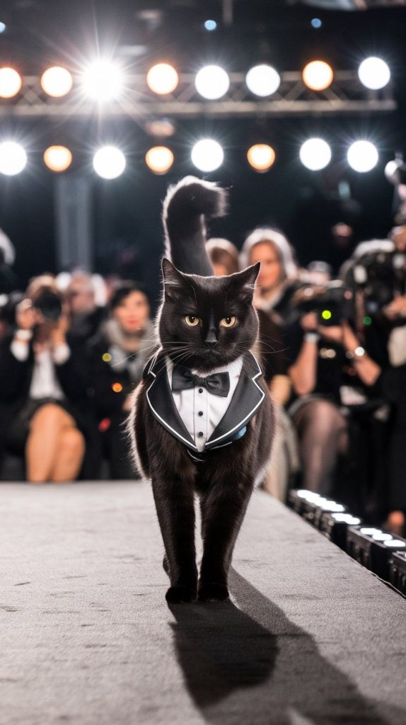 Stylish tuxedo cat strutting down a Fashion Show Catwalk, surrounded by flashing cameras and an audience of other fashionable pets