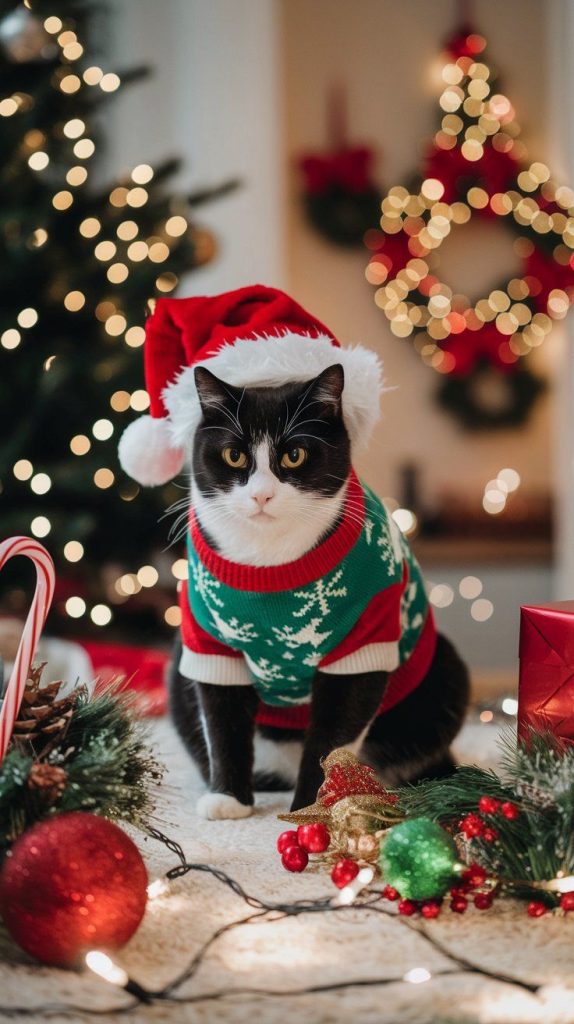 Tuxedo Cat-dressed-in-festive-christmas