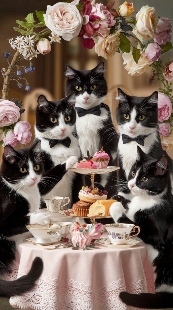 Tuxedo Cat-enjoying-a-tea party pink flowers