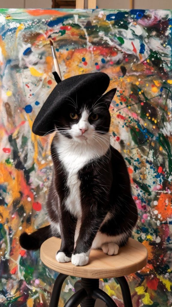 Tuxedo Cat-wearing-a-beret-and-artist painting