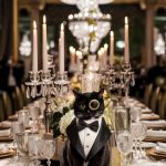 Tuxedo cat wearing a miniature bow tie and monocle, sitting at a lavishly set dinner table with sparkling chandeliers
