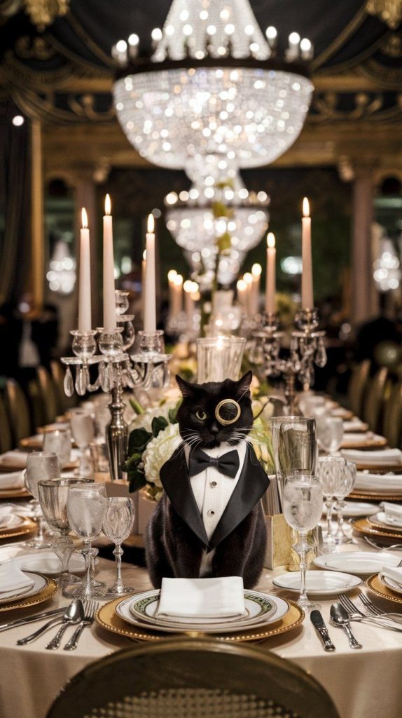 Tuxedo cat wearing a miniature bow tie and monocle, sitting at a lavishly set dinner table with sparkling chandeliers