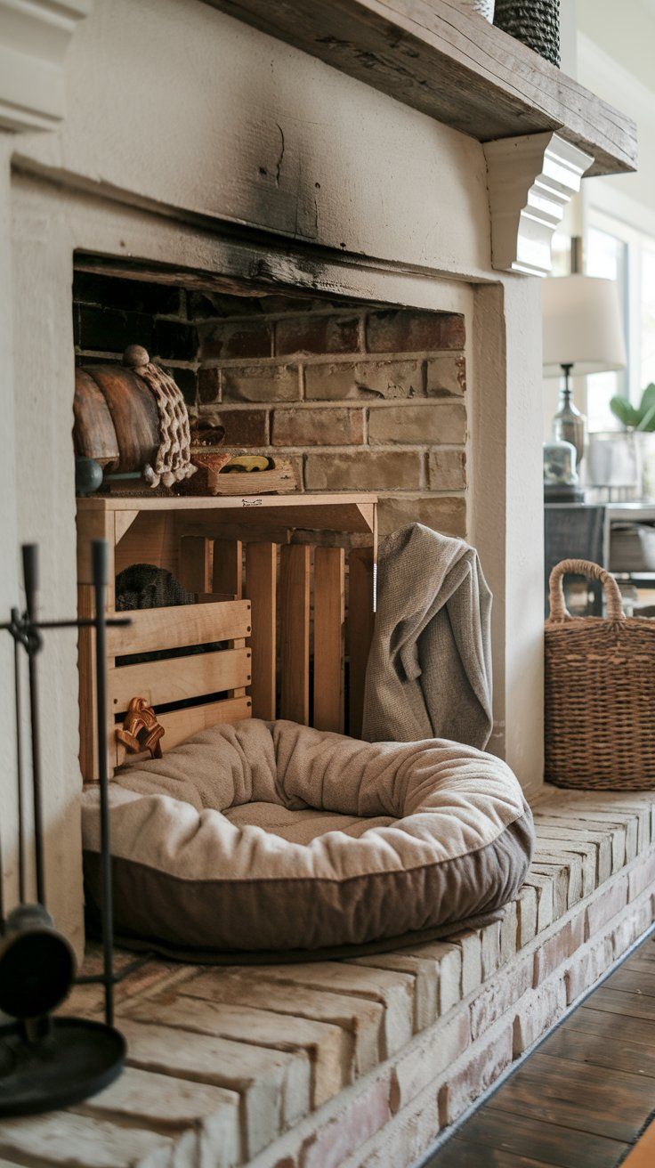 Dog Nook Inside an Old Fireplace transformation idea