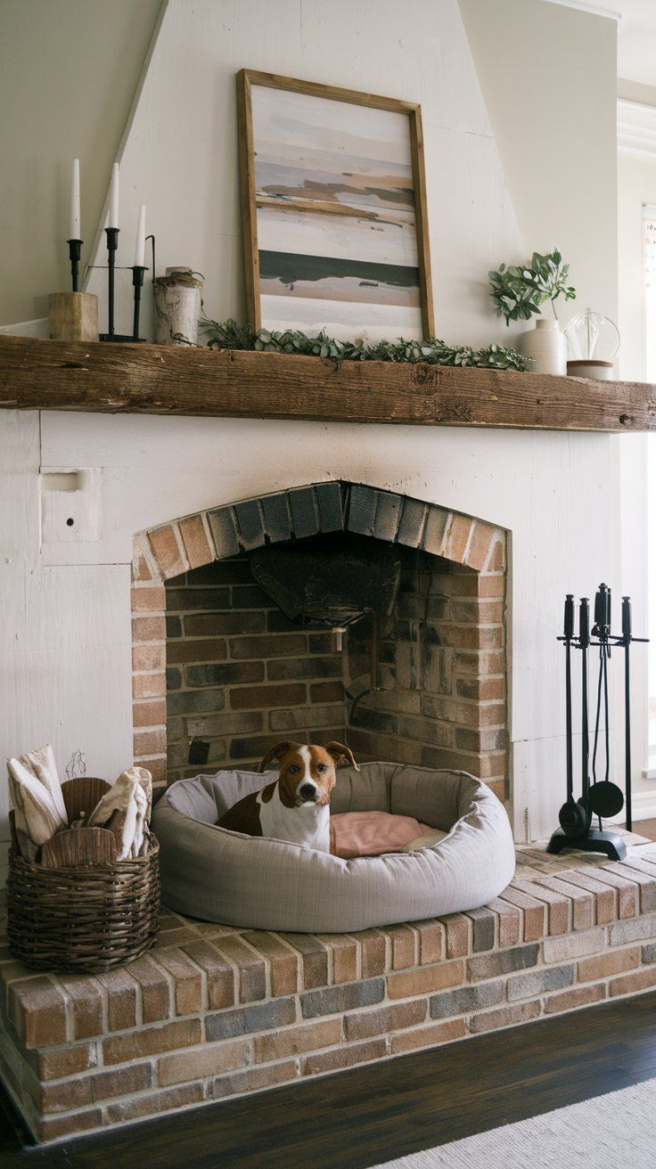 Dog Nook Inside an Old Fireplace with new bed