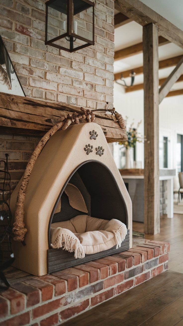 Rustic cozy dog nook in brick wall living room