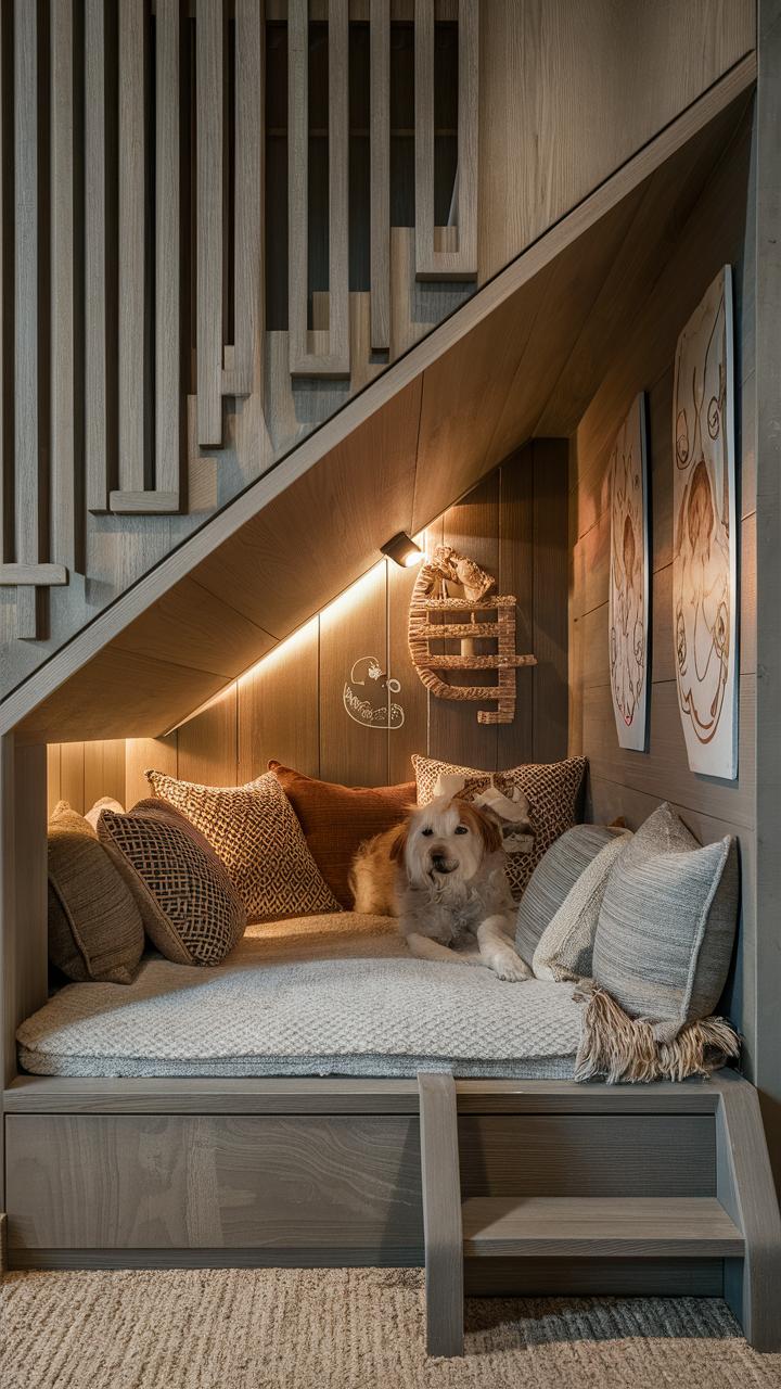 dog nook ideas under stairs dog den