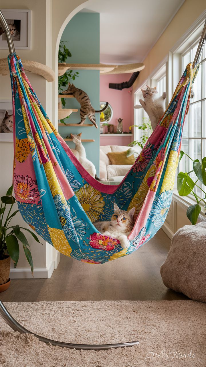 cat climbing wall ideas Colorful fabric hammock lounges