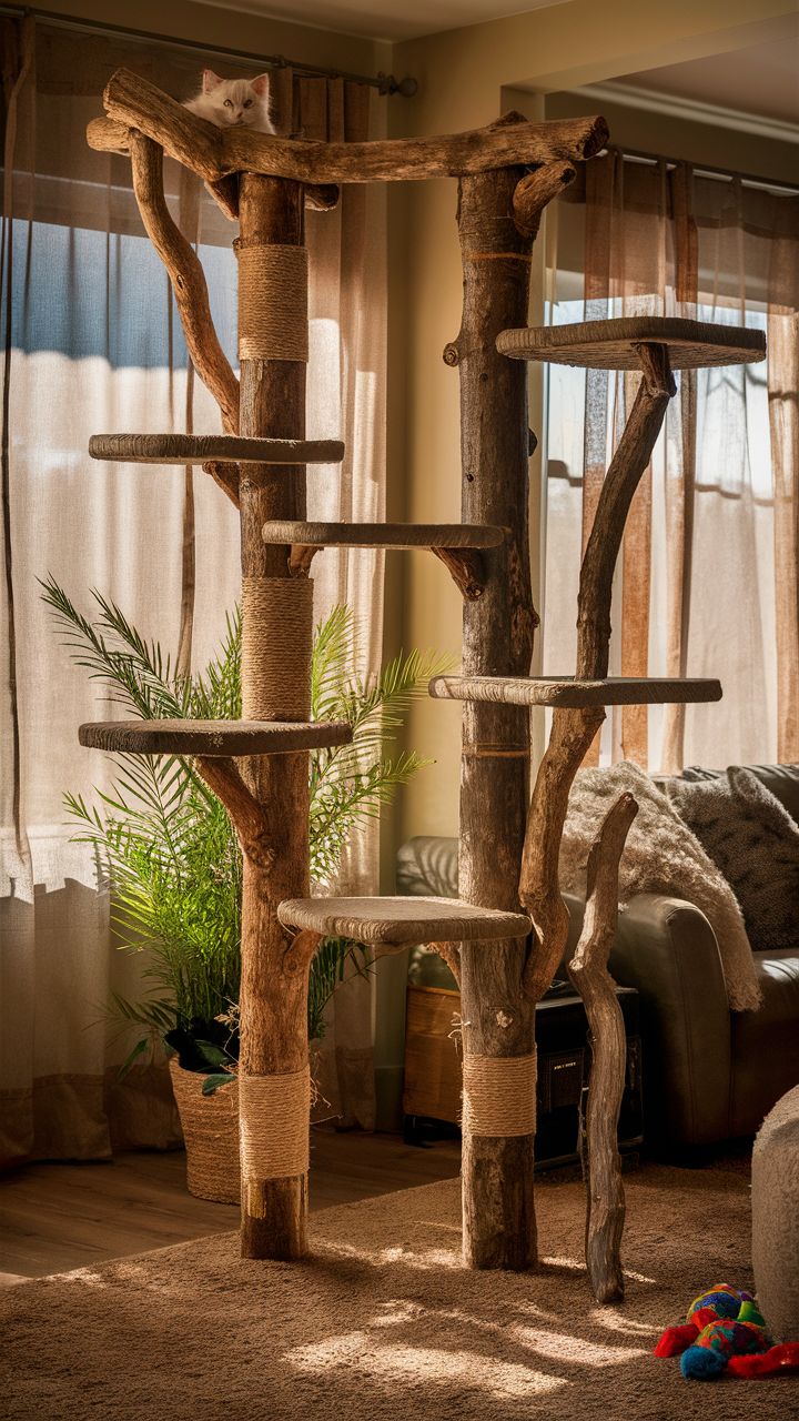 cat climbing wall ideas Rustic branch climbing frame