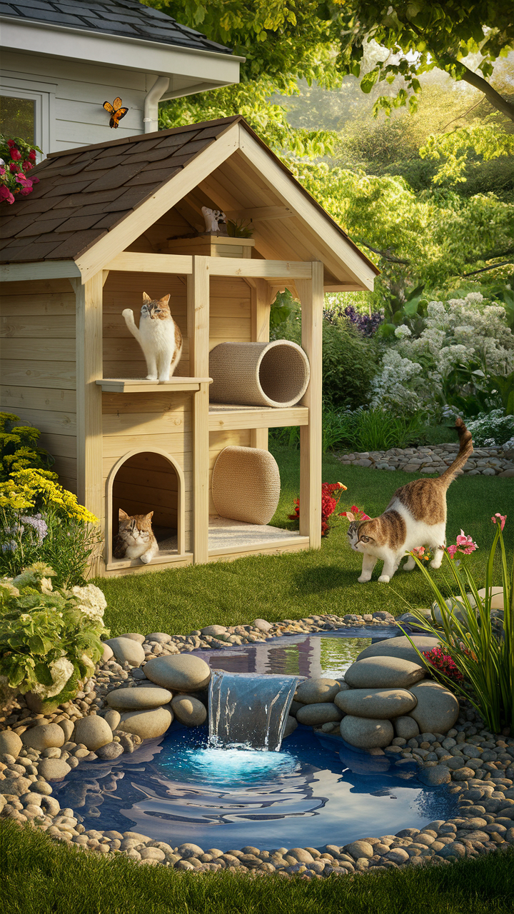 catio ideas for cats Catio with a waterfall and small pond