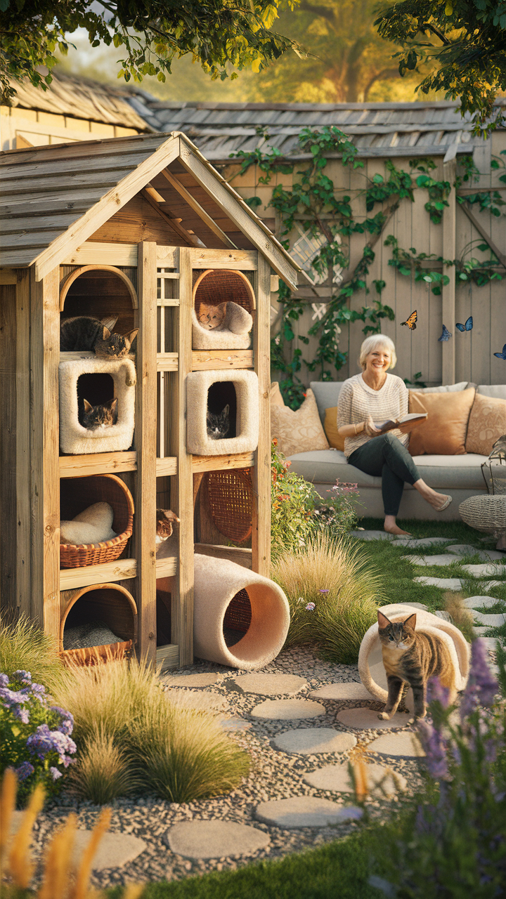 catio ideas for cats Fort style catio with cozy hideouts